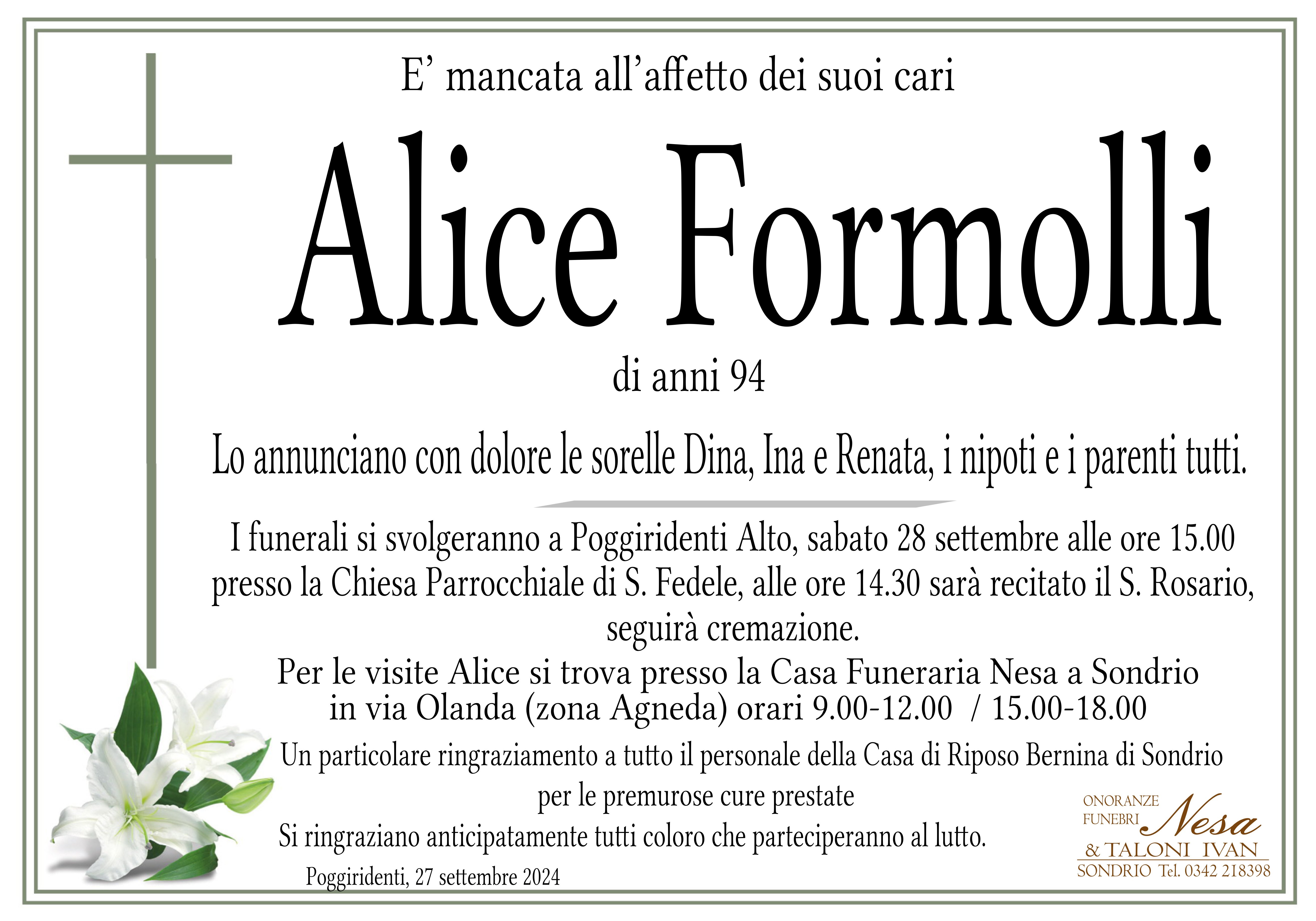 Necrologio ALICE FORMOLLI